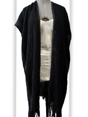 Long black and shimmer shrug with fringe. Cardigan sweater kimono duster